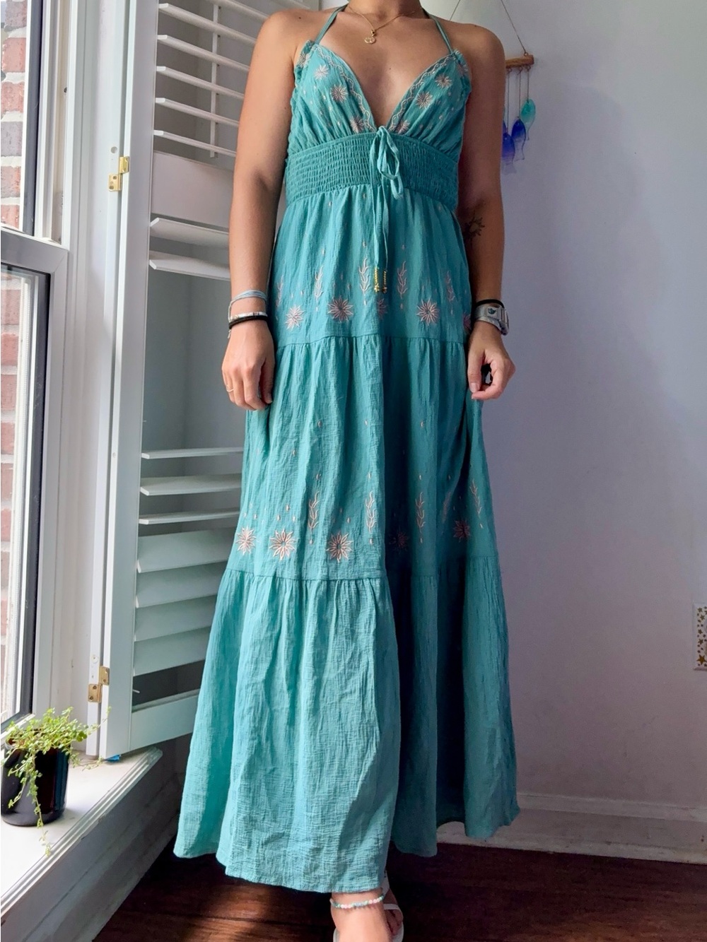 Amazon Teal Embroidered Halter Maxi Dress